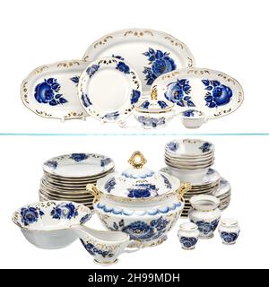 Porcellana classica in ceramica Vintage ampia serie di piatti in stoviglie, piatti, ciotole, pentole, zuppa di tureen su bianco. Da utilizzare per l'impostazione del tavolo e banchetto. Foto Stock