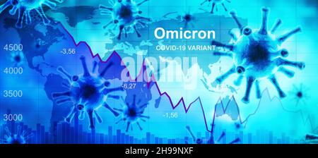 Omicron COVID-19 variante effetto per l'economia mondiale, grafico del mercato azionario e mappa globale, business hits da corona virus. Concetto di crisi, recessione, d Foto Stock