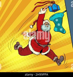 Babbo Natale lancia un regalo in una calza di Natale, come un giocatore di basket getta una palla in un cestino. Natale e Capodanno, stagione invernale Illustrazione Vettoriale