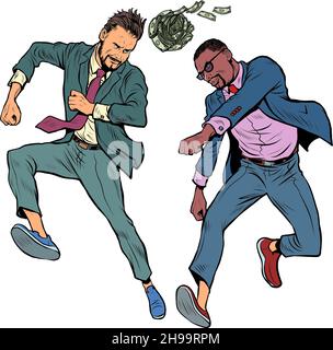 Gli uomini d'affari giocano con soldi come una palla, la rivalità sportiva del calcio, la lotta per la vittoria Illustrazione Vettoriale