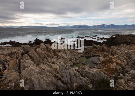 Formazioni rocciose e oceano, De Kelders, Capo Occidentale, Sudafrica. Foto Stock