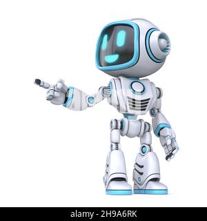 Simpatico robot blu dito che punta 3D illustrazione di rendering isolato su sfondo bianco Foto Stock