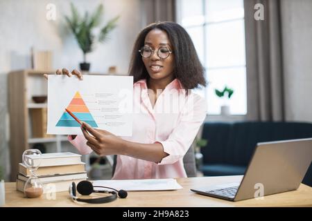 Piacevole donna afroamericana che conduce il webinar per gli studenti in linea. Tutor femminile con appunti seduti a casa. Concetto di apprendimento a distanza. Foto Stock
