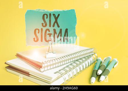 Testo che mostra Inspiration Six Sigma. Concetto significato insieme di tecniche di gestione destinate a migliorare il processo di business colorful idea Presentazione Foto Stock