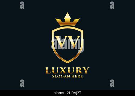 VV elegante monogramma di lusso logo o modello con scroll e corona reale - perfetto per lussuosi progetti di branding Illustrazione Vettoriale