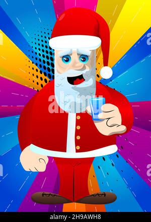 Babbo Natale nei suoi vestiti rossi con barba bianca che beve brandy. Illustrazione del carattere vettoriale del cartone animato. Illustrazione Vettoriale