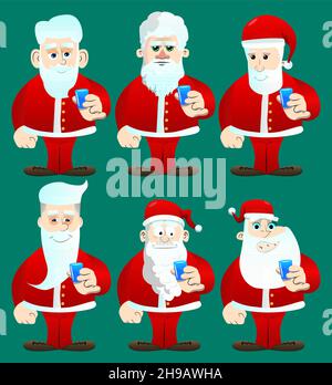 Babbo Natale nei suoi vestiti rossi con barba bianca che beve brandy. Illustrazione del carattere vettoriale del cartone animato. Illustrazione Vettoriale