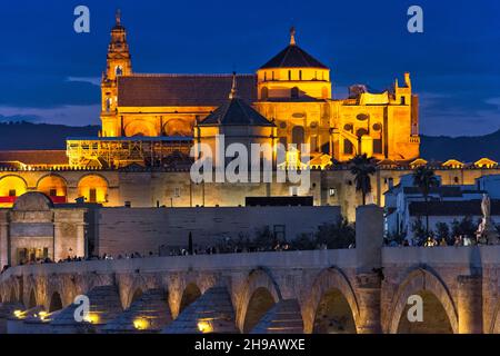 Vista notturna del Ponte Romano sul fiume Guadalquivir e della Cattedrale di Mezquita (Moschea-Cattedrale o Grande Moschea di Cordoba), Cordoba, Spagna Foto Stock