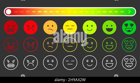 Set linea piatta scala di valutazione feedback Emoji. L'emoticon dell'indicatore di soddisfazione del cliente varia da buono a cattivo. Livello di servizio funzionamento negativo neutro positivo esperienza interfaccia scura isolata Illustrazione Vettoriale