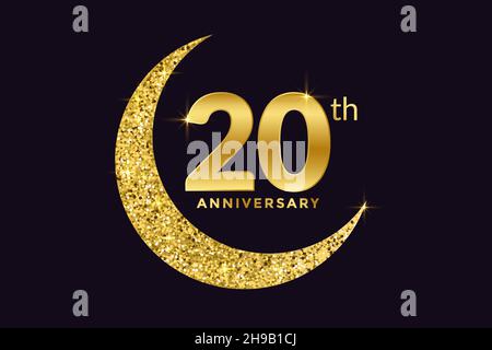 Twenty Years Anniversary Celebration Golden Emblem in Black background. Number 20 Luxury Style Banner isolato Vector. Illustrazione Vettoriale