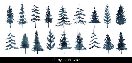 Set di pini acquerelli e abeti isolati su sfondo bianco. Alberi di silhouette astratti. Perfetto per le feste e i disegni di Natale, le schede, la decorazione Foto Stock