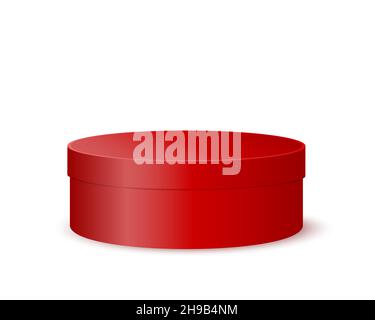 Scatola rotonda rossa. Confezione in plastica, stagno o cartone per la progettazione del prodotto. Contenitore per regalo, cappello, biscotti, cosmetici isolati su sfondo bianco. Illustrazione vettoriale realistica. Illustrazione Vettoriale