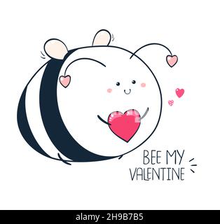 Biglietto di auguri di San Valentino con cute ape e cuori. Iscrizione Bee my Valentine. Divertente biglietto di vacanza. Illustrazione vettoriale EPS8 Illustrazione Vettoriale