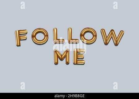 seguimi scritto con palloncini di lamina d'oro. seguimi che scrive palloncini d'oro realistici, seguimi sfondo tipografico. disegno vettoriale, isolato Illustrazione Vettoriale