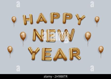 felice anno nuovo scritto con palloncini di foglio d'oro. felice anno nuovo che scrive palloncini d'oro, felice anno nuovo tipografia sfondo. vettore design Illustrazione Vettoriale