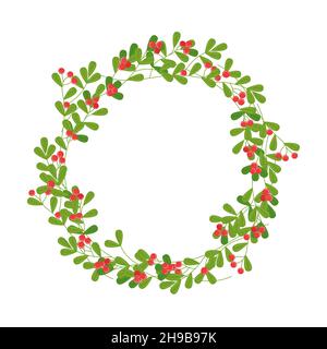 Natale vischio vignette isolato. Cornice rotonda floreale per le vacanze. Illustrazione vettoriale. Illustrazione Vettoriale