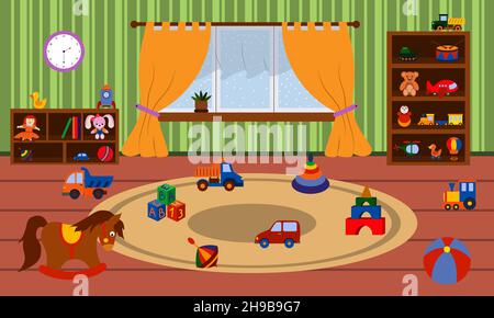L'interno di una stanza della scuola materna è un'illustrazione vettoriale piatta. Accogliente sala giochi con mobili e giocattoli. Illustrazione Vettoriale