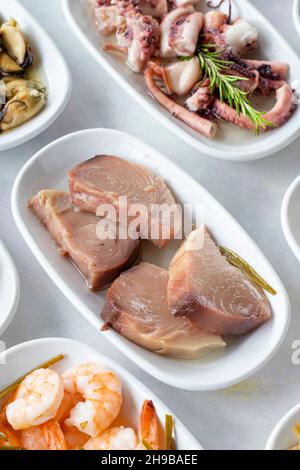 Set di piatti di pesce. Frutti di mare su un piatto. Su sfondo bianco in legno. Gamberi, lakerda, insalata di polpi, cozze con marinata, insalata di pesce Foto Stock