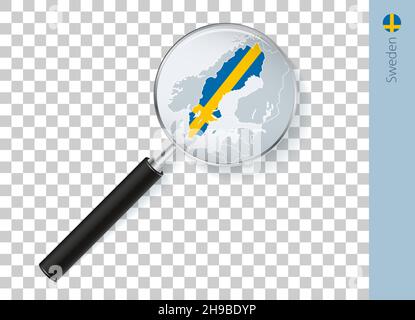 Mappa svedese con bandiera in lente d'ingrandimento su sfondo trasparente. Lope vettoriale con mappa. Illustrazione Vettoriale