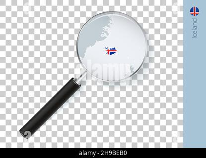 Mappa Islanda con bandiera in lente di ingrandimento su sfondo trasparente. Lope vettoriale con mappa. Illustrazione Vettoriale