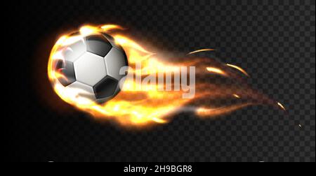 Palla che brucia. Pallone da calcio realistico con percorso del fuoco alle spalle, forza d'impatto sull'obiettivo, energia del fuoco di volo, gioco di calcio, simbolo di velocità, 3d isolato Illustrazione Vettoriale