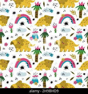 Carino modello di marinarleaa dinosauri. Divertenti avaceratops per bambini con palme e vulcani, arredamento vivaio per bambini, divertenti dinosauri colorati su sfondo bianco Illustrazione Vettoriale