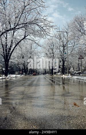 Una strada in inverno. Auto che guidano su strada. Alberi pieni di neve. Bianco neve paesaggio invernale. Foto di alta qualità Foto Stock