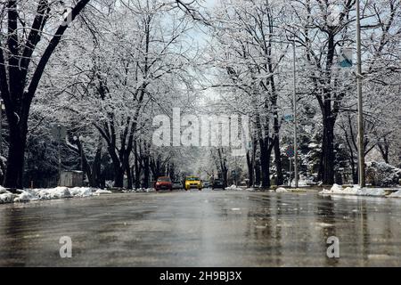 Una strada in inverno. Auto che guidano su strada. Alberi pieni di neve. Bianco neve paesaggio invernale. Foto di alta qualità Foto Stock