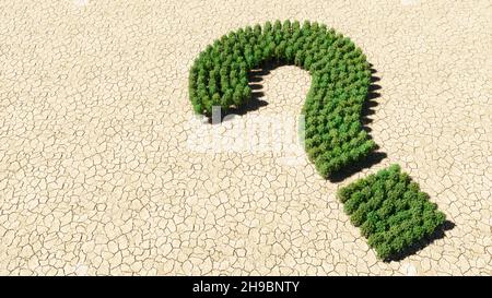 Concetto o gruppo concettuale di albero di foresta verde su fondo asciutto, punto interrogativo. 3d metafora di illustrazione per la comunicazione, l'interrogazione Foto Stock