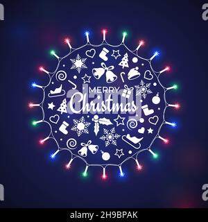 Buon Natale e felice anno nuovo biglietto di auguri. Elementi di design xmas su sfondo blu bokeh. Luci colorate di natale. Vettore Illustrazione Vettoriale