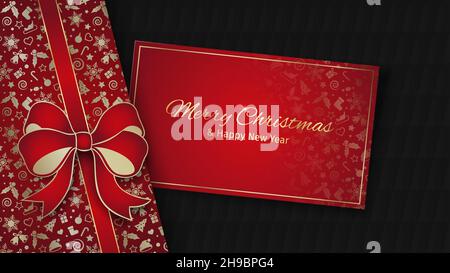 Buon Natale, buon anno biglietto di auguri vacanza, invito. Grafica xmas. Confezione regalo rossa e oro con arco. Sfondo scuro. Vettore natale il Illustrazione Vettoriale