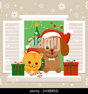 Gatto e cane seduti su una davanzale a Natale. Illustrazione vettoriale Illustrazione Vettoriale