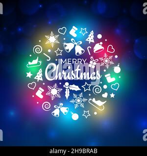 Buon Natale e felice anno nuovo biglietto di auguri. Elementi di design xmas su sfondo blu bokeh. Luci colorate di natale. Vettore Illustrazione Vettoriale