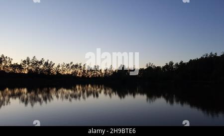 Vista di un laghetto subito dopo il tramonto, in un parco inglese. Riflessi degli alberi si possono vedere nell'acqua. Foto Stock