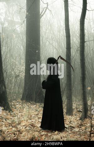 Morte in un mantello nero con cappuccio che tiene la lama affilata nella nebbia misteriosa della foresta. Lo stile horror teme il male spooky Foto Stock