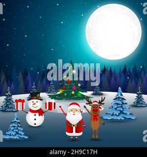 Buon pupazzo di neve con i regali. Babbo natale e renne saluto Illustrazione Vettoriale