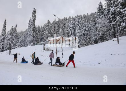 Srinagar, India. 06 dicembre 2021. I turisti indiani possono godersi un giro in slitta presso la stazione sciistica coperta di neve di Gulmarg dopo la prima nevicata pesante della stagione il 06 dicembre 2021 a Gulmarg, Kashmir. Gulmarg, situato ai piedi dell'Himalaya a 2,745 metri (9,000 piedi) sul livello del mare, è una delle principali destinazioni sciistiche dell'Asia meridionale. (Foto di Sajad Hameed/Pacific Press) Credit: Pacific Press Media Production Corp./Alamy Live News Foto Stock