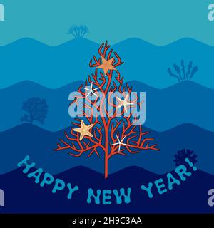 Biglietto di Natale con un abeto di corallo, stelle marine e Complimenti. Sfondo vettoriale colorato. Illustrazione Vettoriale