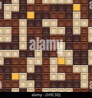 Modello senza cuciture con tetris fatto di cubetti di cioccolato, dolci. Sfondo vettoriale colorato. Illustrazione Vettoriale