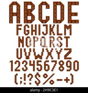Alfabeto, lettere, numeri e segni di cioccolato. Set di oggetti vettoriali isolati su sfondo bianco. Illustrazione Vettoriale