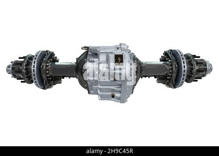 Assale con motore elettrico e trasmissione per un bus elettrico o un carrello. Isolato su sfondo bianco Foto Stock