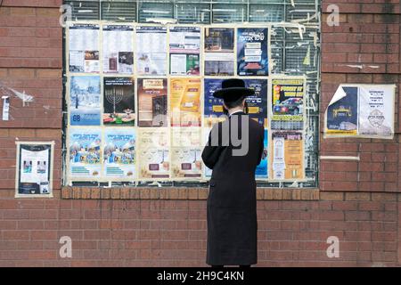 Un ebreo asidico con un lungo peyot ricurly legge principalmente annunci Yiddish e pubblicità su un muro della comunità a Williamsburg, Brooklyn, NYC. Foto Stock