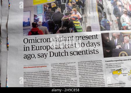 'Omicron Variant presente in Europa almeno 10 giorni fa Say Dutch Scientists' Guardian giornale clipping covid headline 2021 London UK Foto Stock