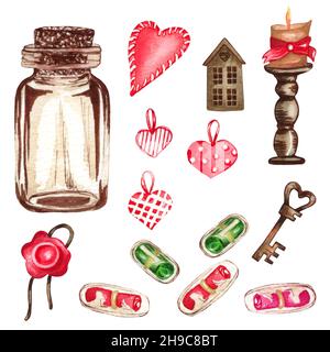 Acquerello Valentines insieme di elementi decorativi: Cuori, chiave, freccia, lettera d'amore, nastro rosso. Amore illustrazione Foto Stock