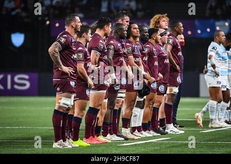 Team di Bordeaux durante il campionato francese Top 14 rugby Union match tra Racing 92 e Union Bordeaux-Bègles il 28 novembre 2021 a Parigi la Défense Arena a Nanterre, Francia - Foto Matthieu Mirville / DPPI Foto Stock