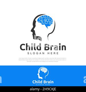Logo di illustrazione del cervello del bambino Ricerca del cervello e dell'immagine dell'adulto, concetti di creatività e memoria, simboli, icone, modelli di disegno Illustrazione Vettoriale