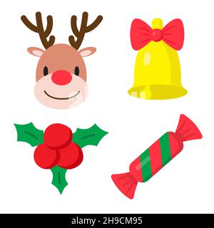 Set di elementi per le vacanze invernali. Buon Natale e Felice festa di Capodanno. Renna, campana di jingle, bacche di agrifoglio e caramelle. Illustrazione vettoriale nella Illustrazione Vettoriale