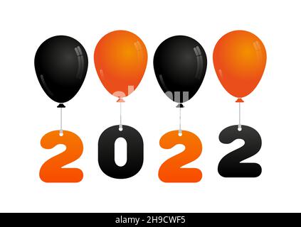 Numeri e palloncini in nero e arancione su sfondo bianco. Concetto di vacanza o nuovo anno 2022 Illustrazione Vettoriale