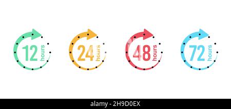 72, 24, 48 e 12 ore freccia orologio. Icone dell'effetto tempo di lavoro vettore o del tempo di servizio di consegna Illustrazione Vettoriale