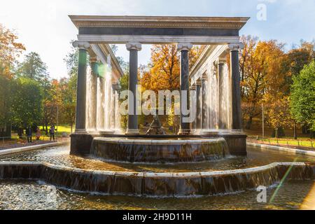 Peterhof, San Pietroburgo, Russia - 06 ottobre 2021: Fontana Leone Cascade nel Parco inferiore di Peterhof illuminato dal sole Foto Stock